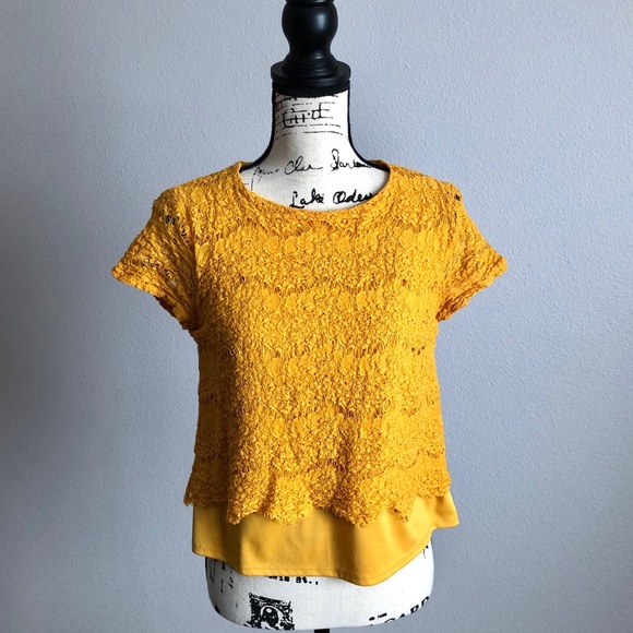 Lily White Tops - Lily White Yellow Crochet Keyhole Crop Top L